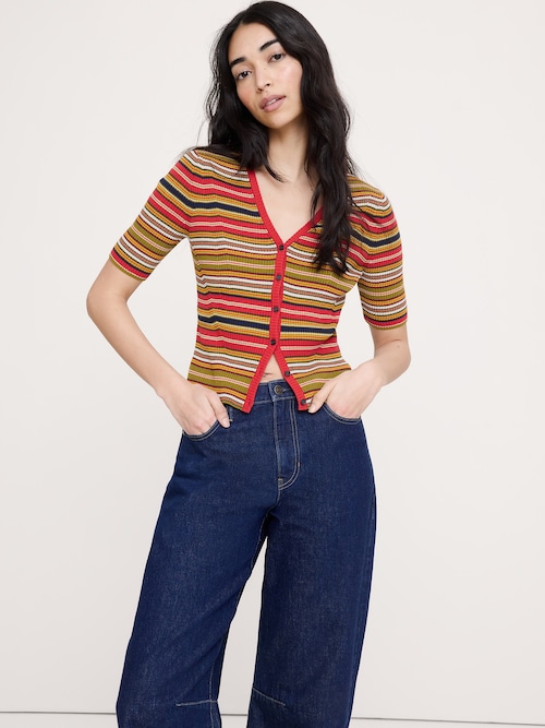 リブ コットン クロップド カーディガン