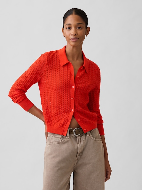 Lace-Stitch Collared Cardigan