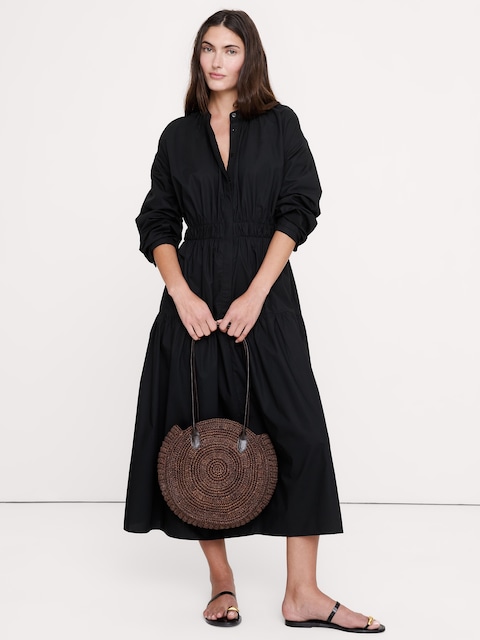ROBE-CHEMISIER MI-LONGUE EN POPELINE DE COTON À DOS DÉGAGÉ