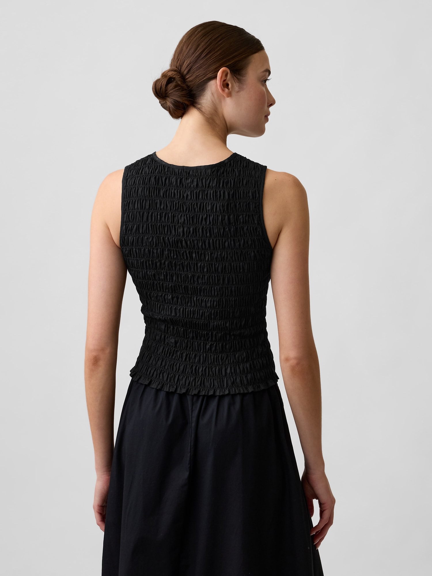 スモッキングギャザー ノースリーブ ボートネック トップス-1