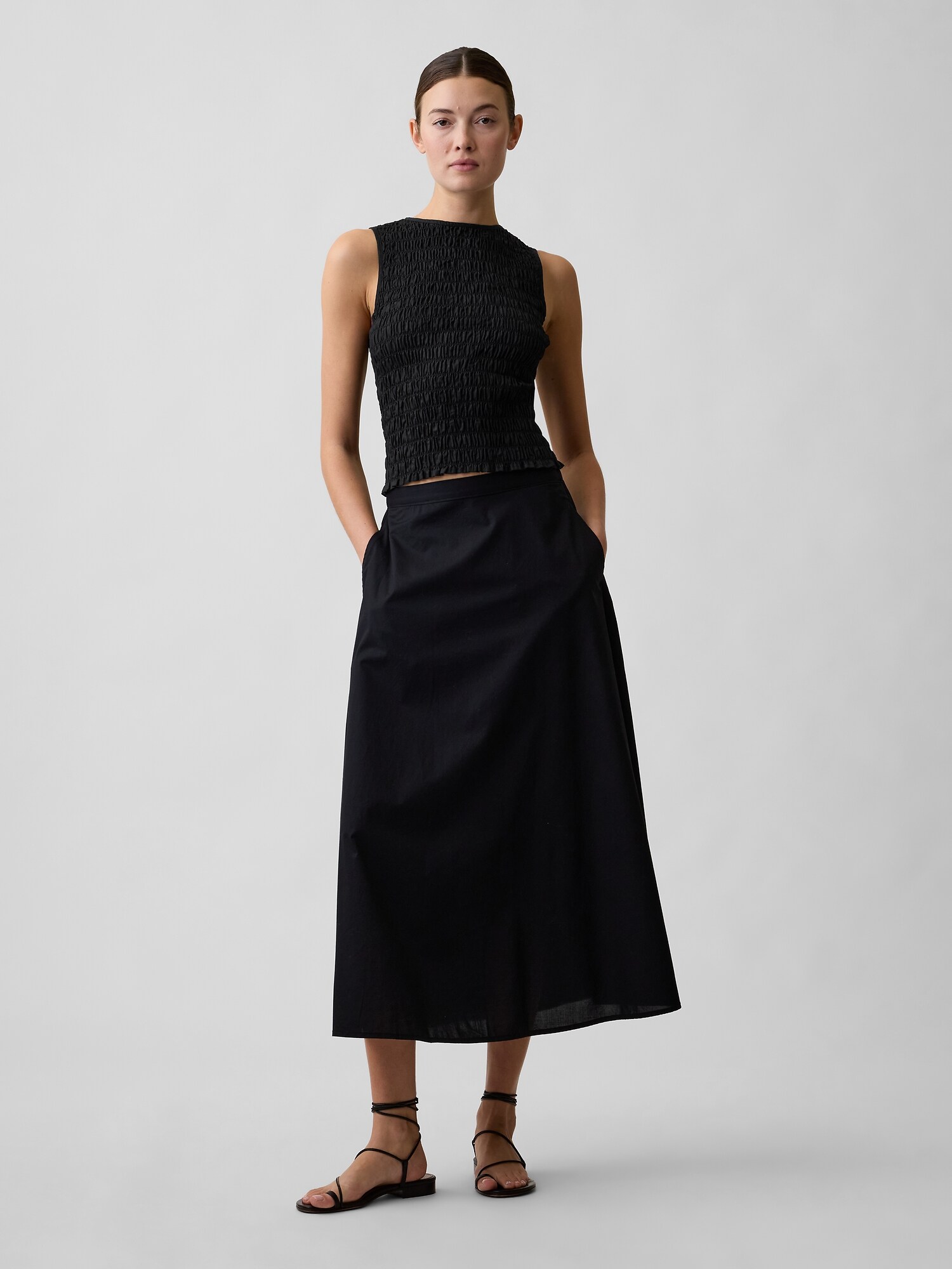 スモッキングギャザー ノースリーブ ボートネック トップス-2