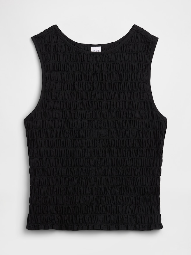 スモッキングギャザー ノースリーブ ボートネック トップス-3