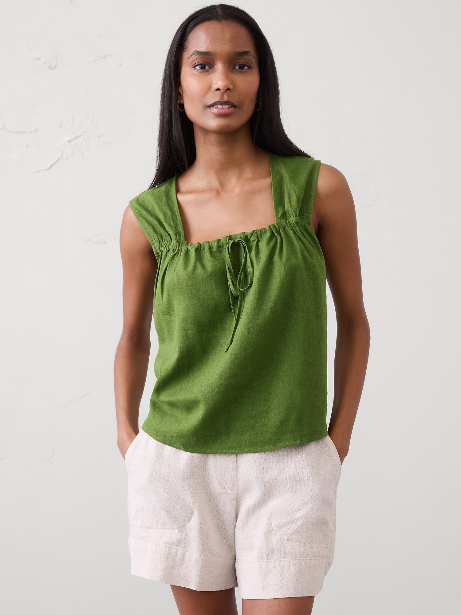 Linen-Blend Tied Popover Top