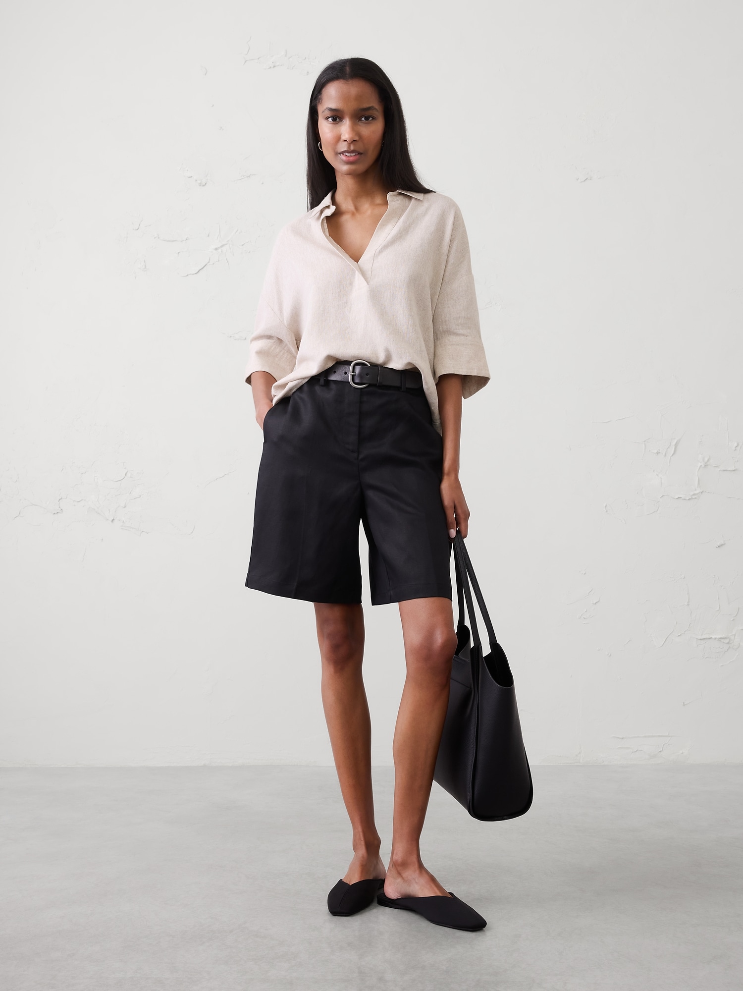Linen-Blend Drapey Popover Shirt