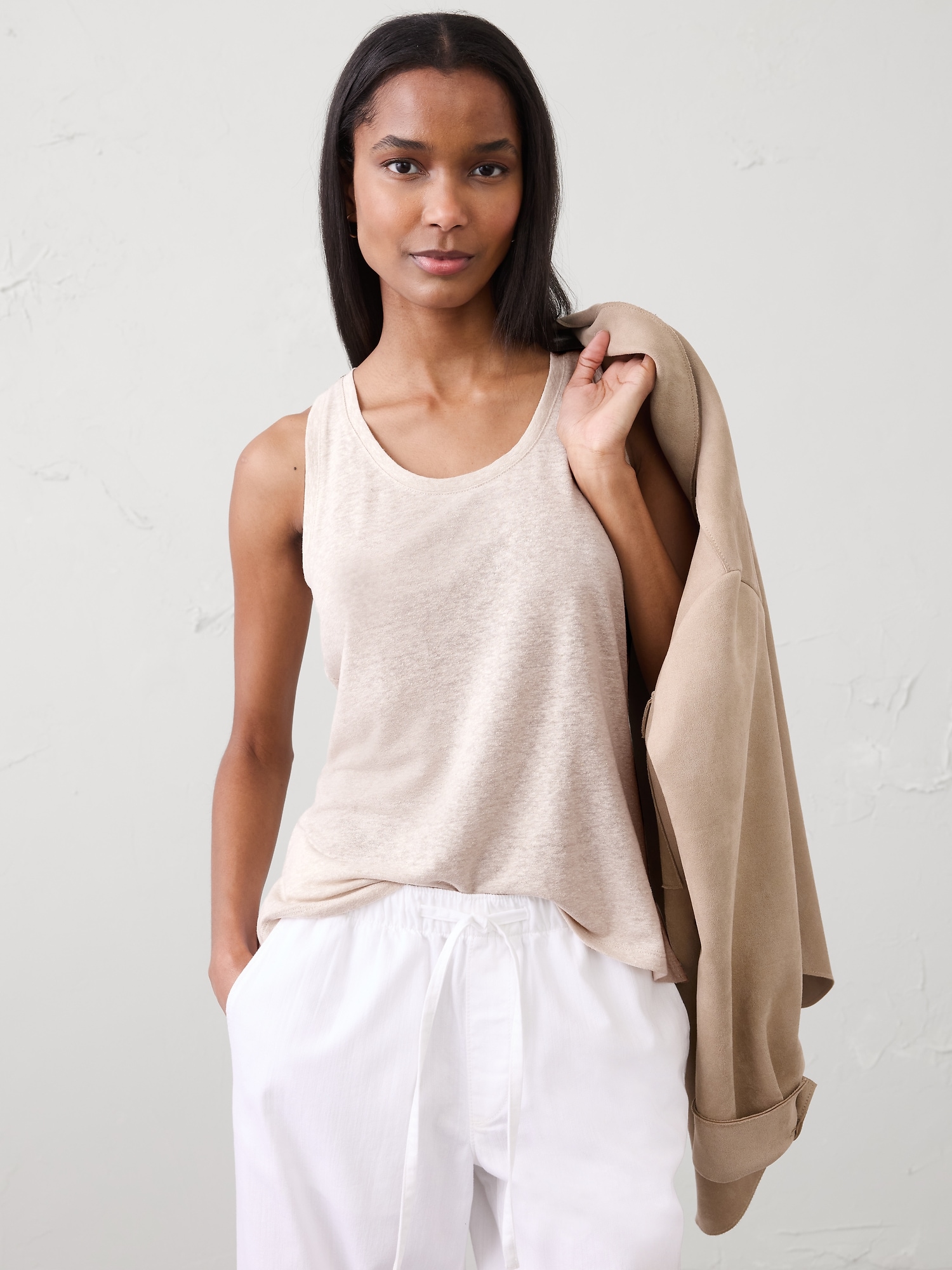 Linen-Blend Scoop-Neck Tank