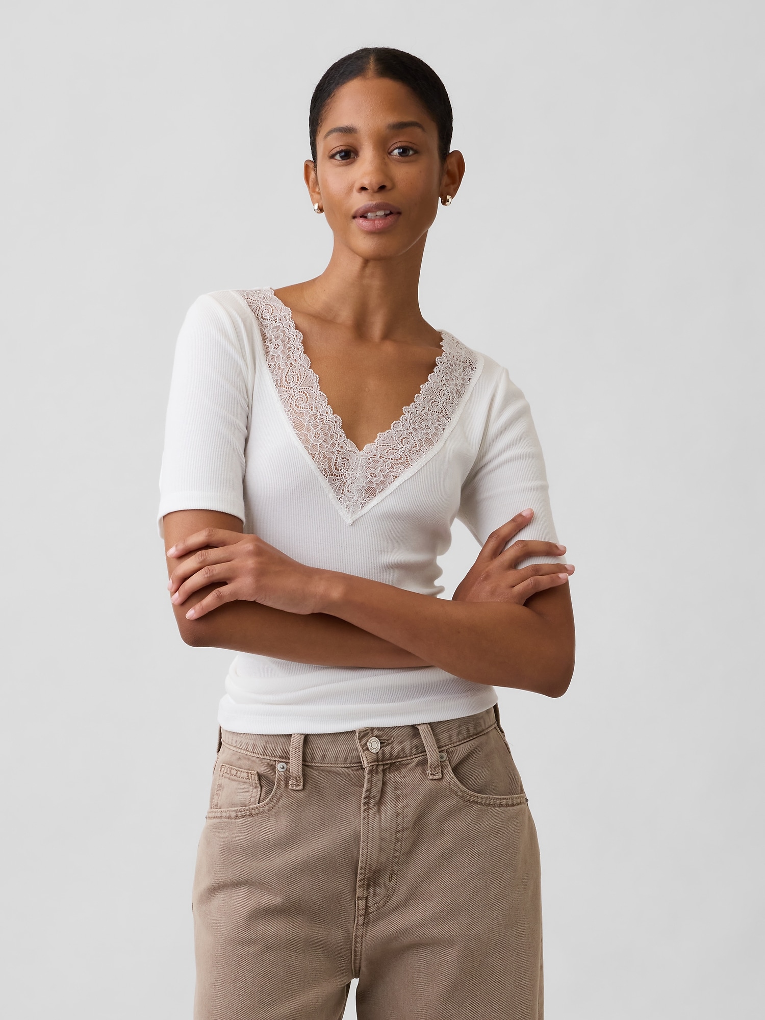 Ribbed Lace V-Neck Top