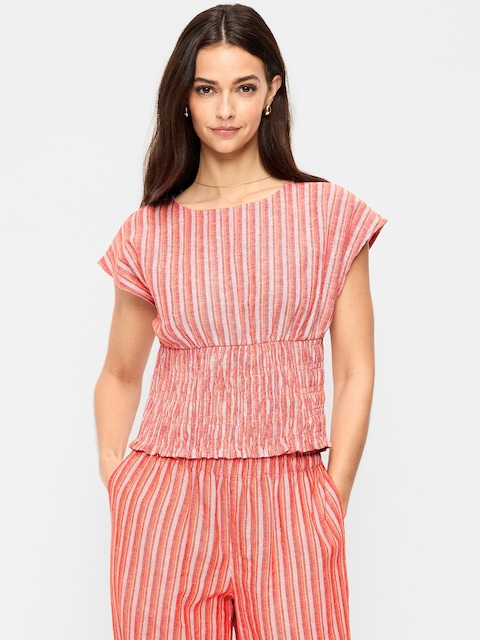 Linen-Blend Short-Sleeve Smocked Top