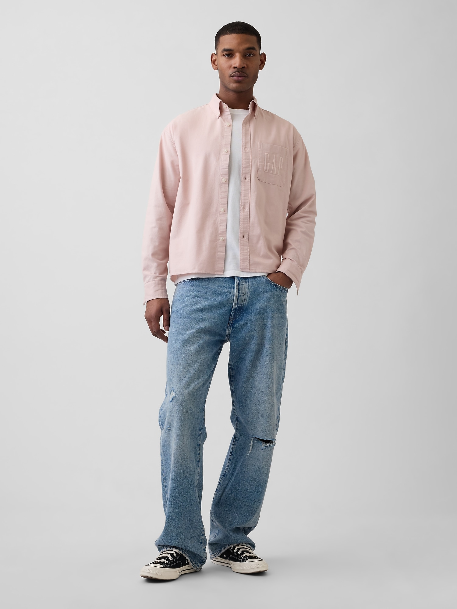 リラックスフィット クロップド ストレートヘム GAPロゴ オックスフォードシャツ-1