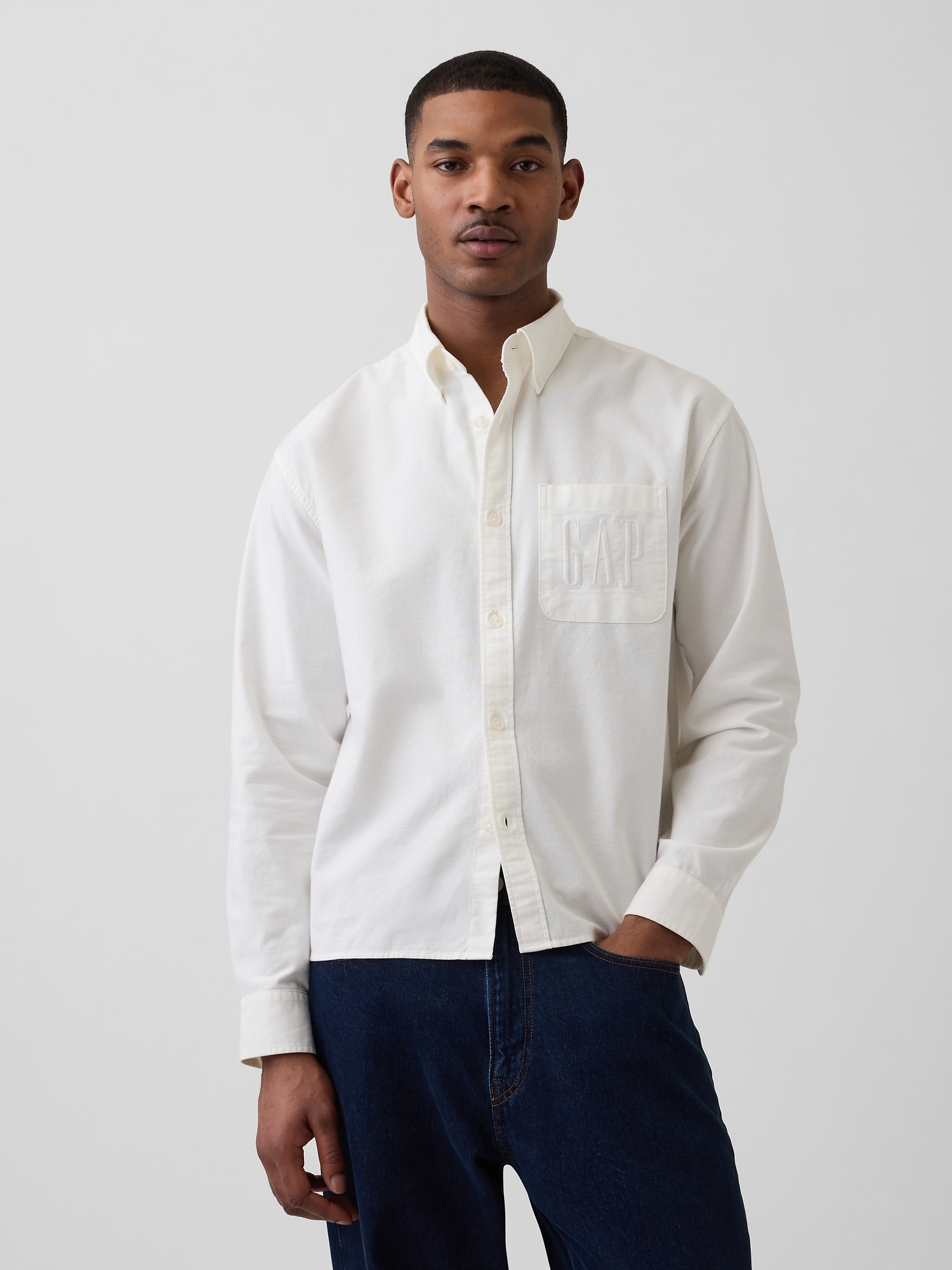 リラックスフィット クロップド ストレートヘム GAPロゴ オックスフォードシャツ-0
