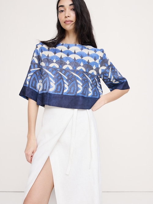 ビスコース リネン ボートネック クロップド トップス