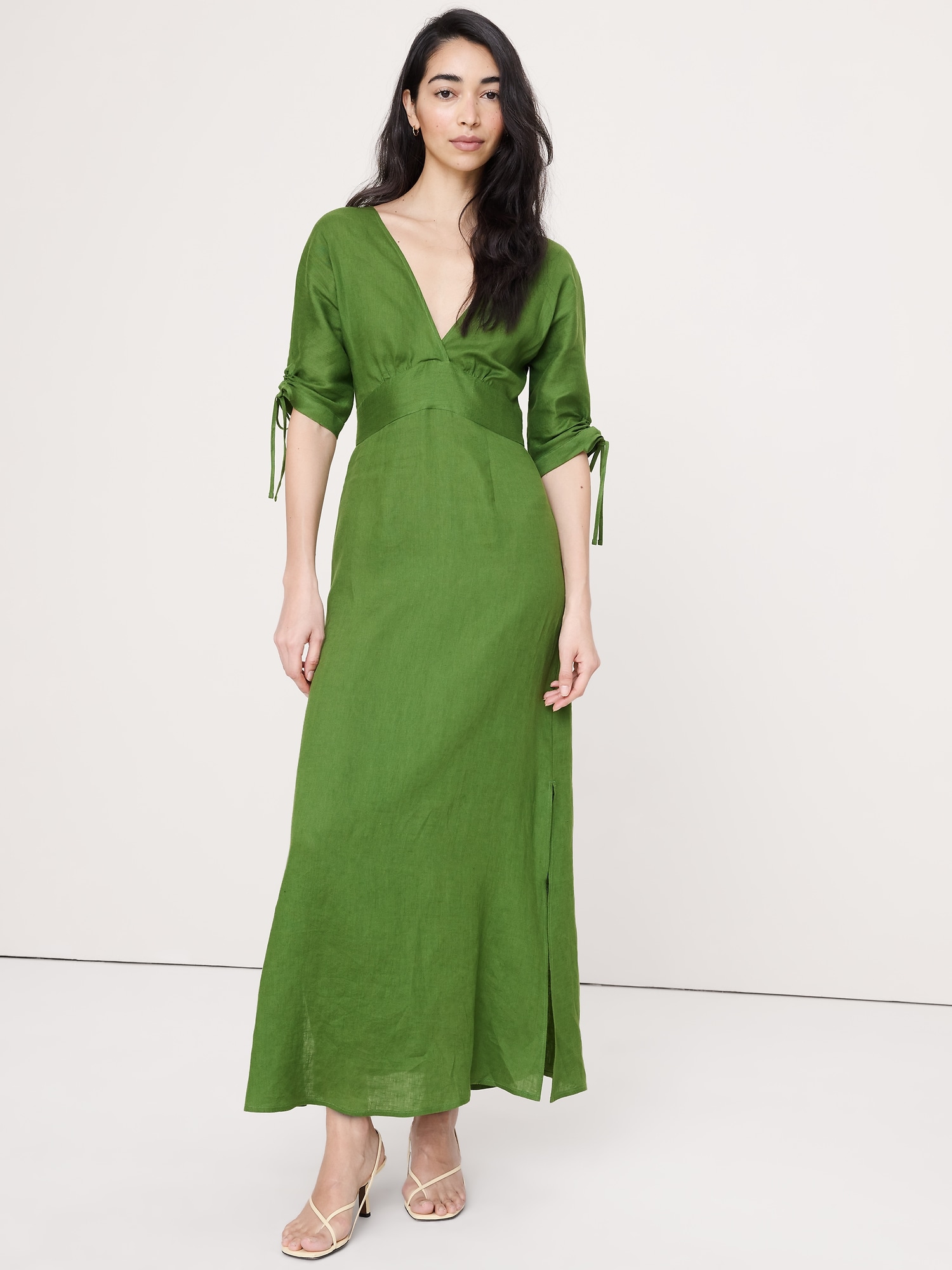Linen Tie-Sleeve Midi Dress