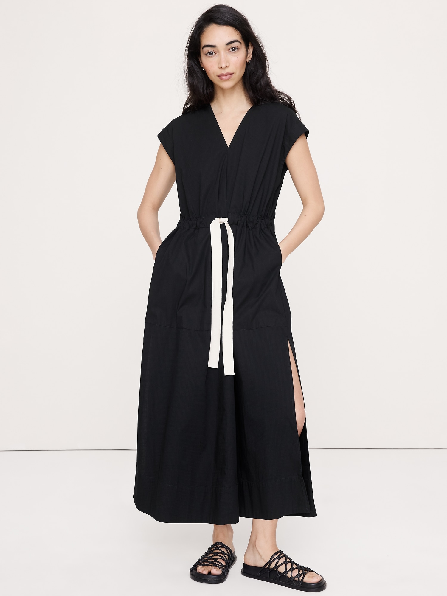 ROBE LONGUE EN COTON EXTENSIBLE À TAILLE NOUÉE