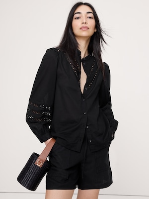 コットン インセットレース ブラウス