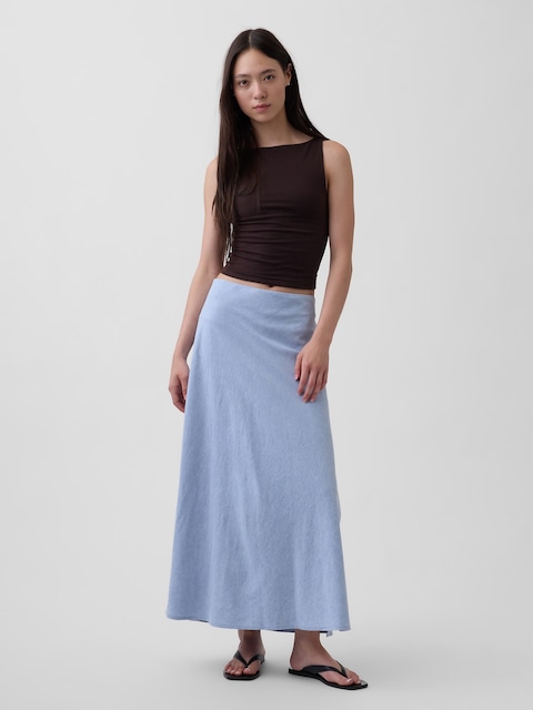 JUPE LONGUE À TAILLE EXTENSIBLE EN MÉLANGE DE LIN