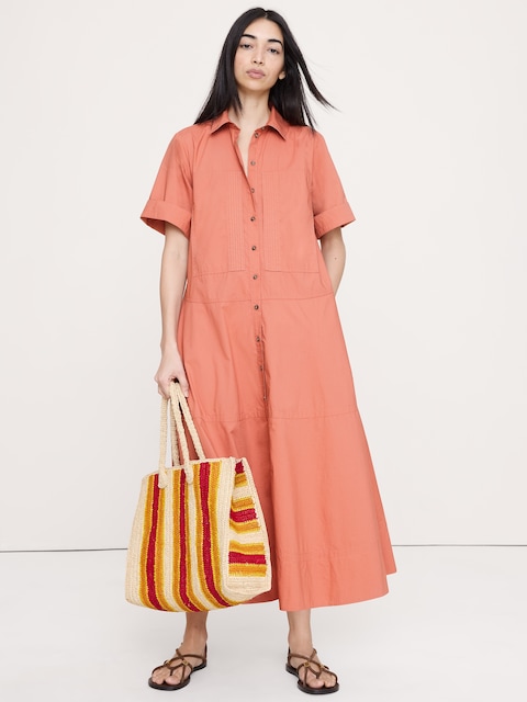 ROBE-CHEMISIER TRAPÈZE LONGUE EN POPELINE DE COTON