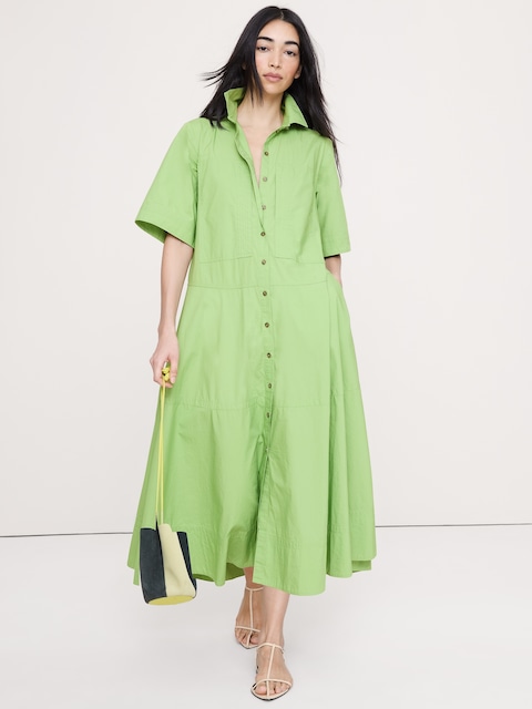 ROBE-CHEMISIER TRAPÈZE LONGUE EN POPELINE DE COTON