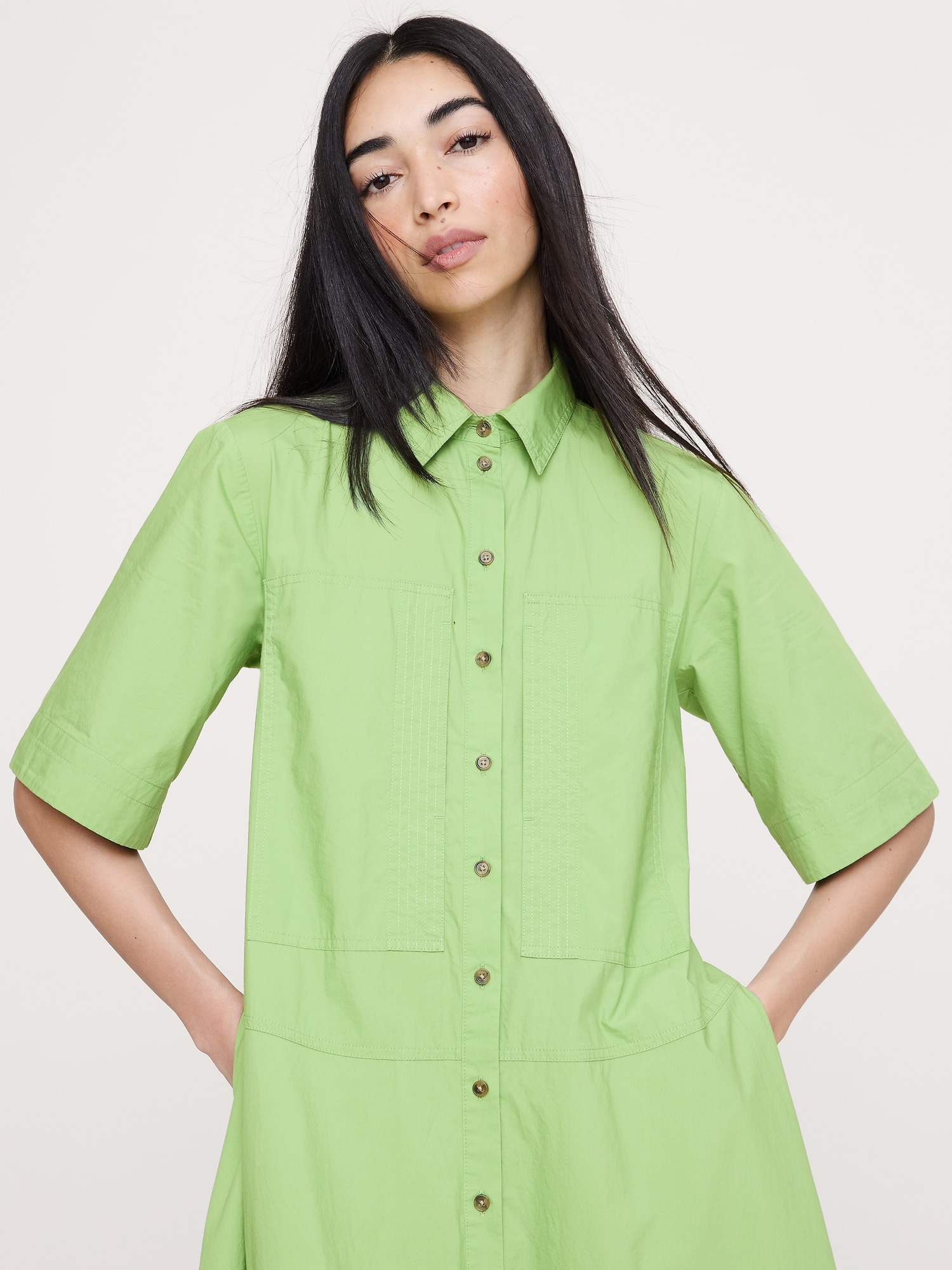 コットン ポプリン トラペーズ マキシ シャツドレス-3