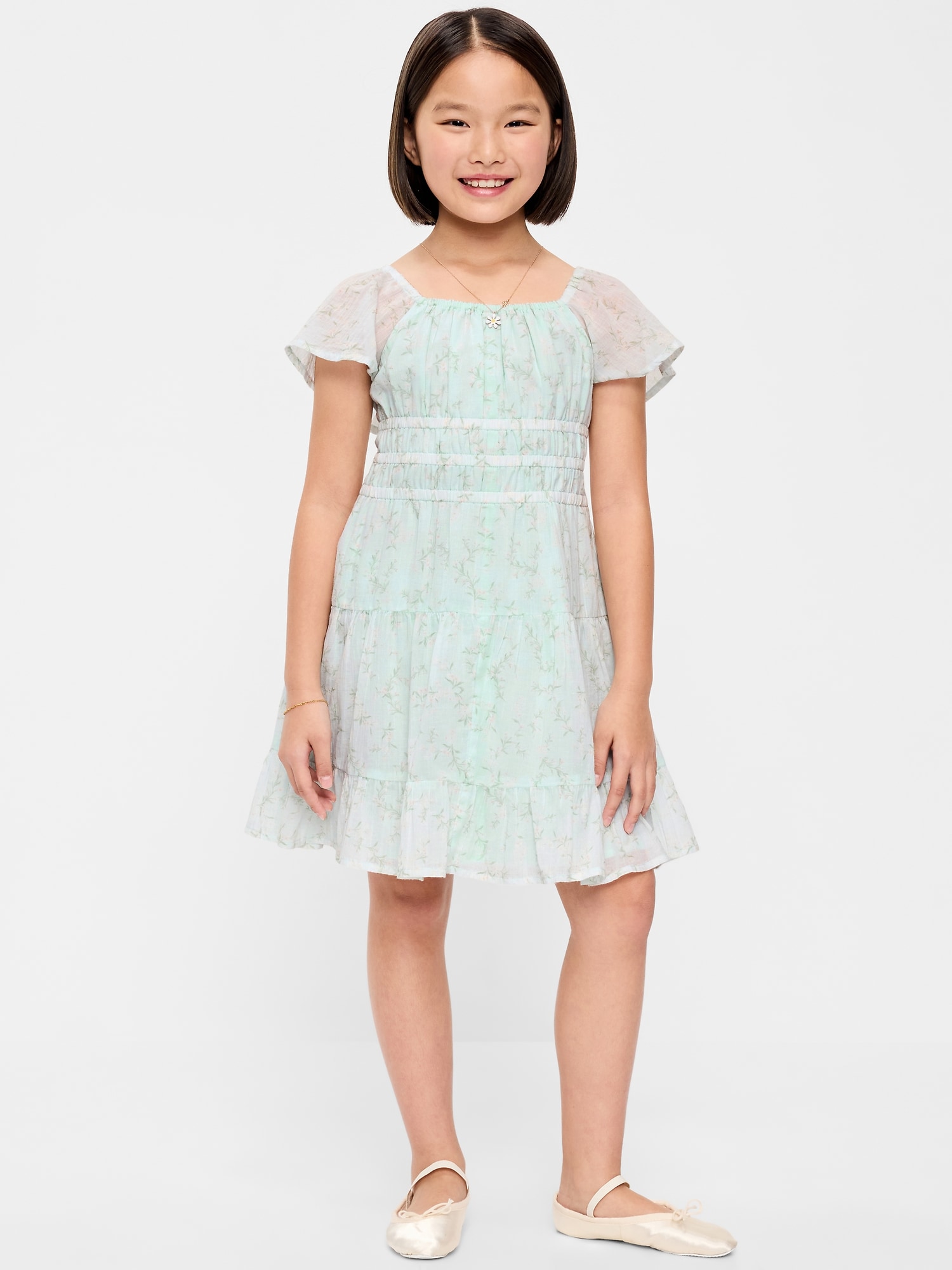 ROBE EN GAZE FROISSÉE AJUSTÉE ET ÉVASÉE À VOLANTS POUR FILLE