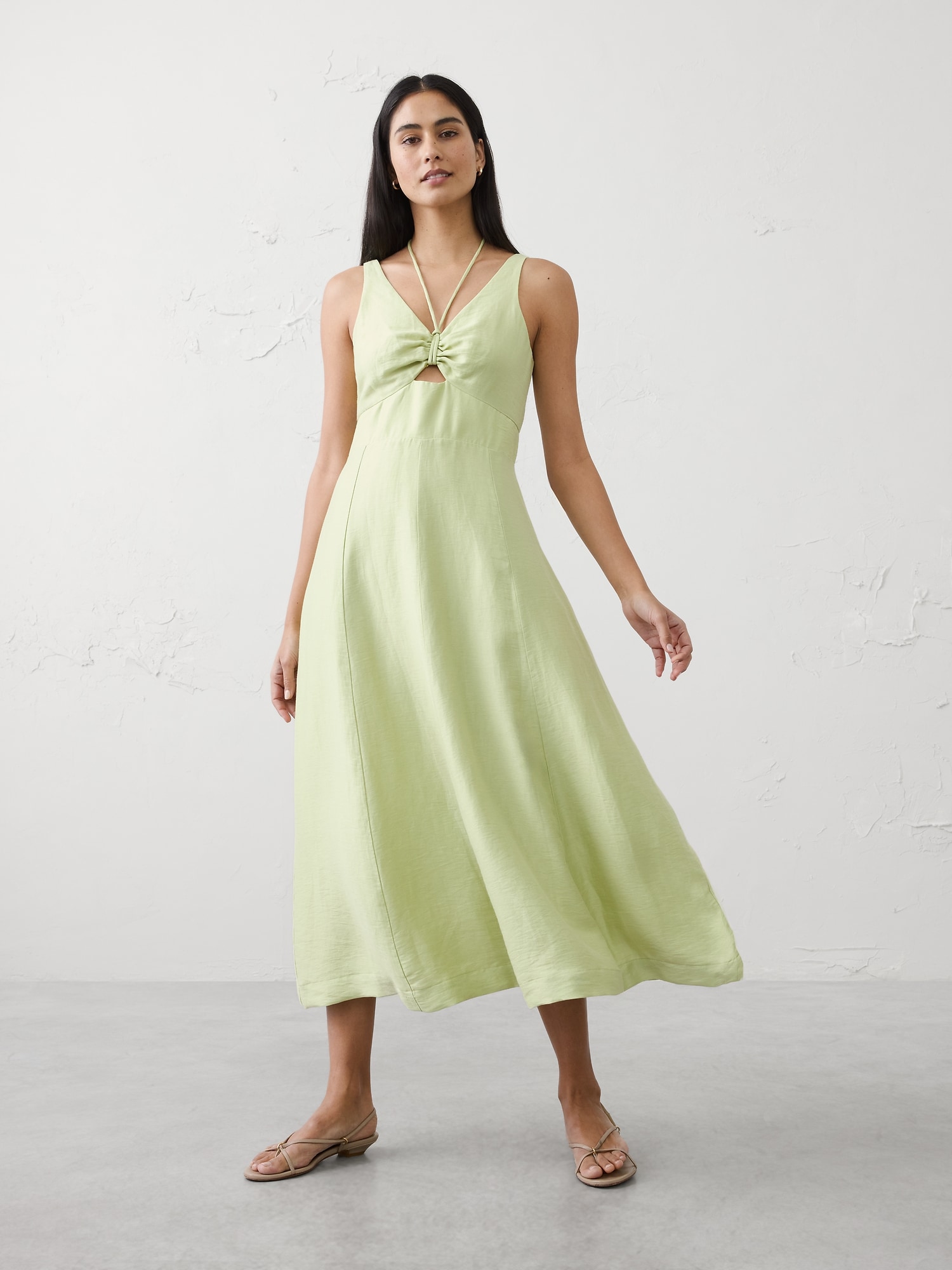 Linen-Blend Cutout Tie-Front Midi Dress