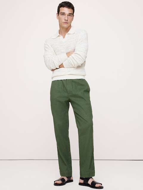 PANTALON DROIT À TAILLE EXTENSIBLE EN LIN ET COTON ITALIEN