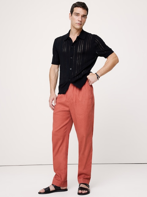 PANTALON DROIT À TAILLE EXTENSIBLE EN LIN ET COTON ITALIEN