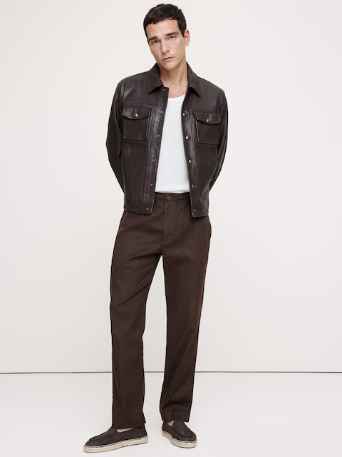 PANTALON DROIT À TAILLE EXTENSIBLE EN LIN ET COTON ITALIEN