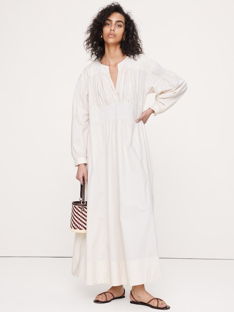 ROBE LONGUE EN POPELINE DE COTON À FRONCES
