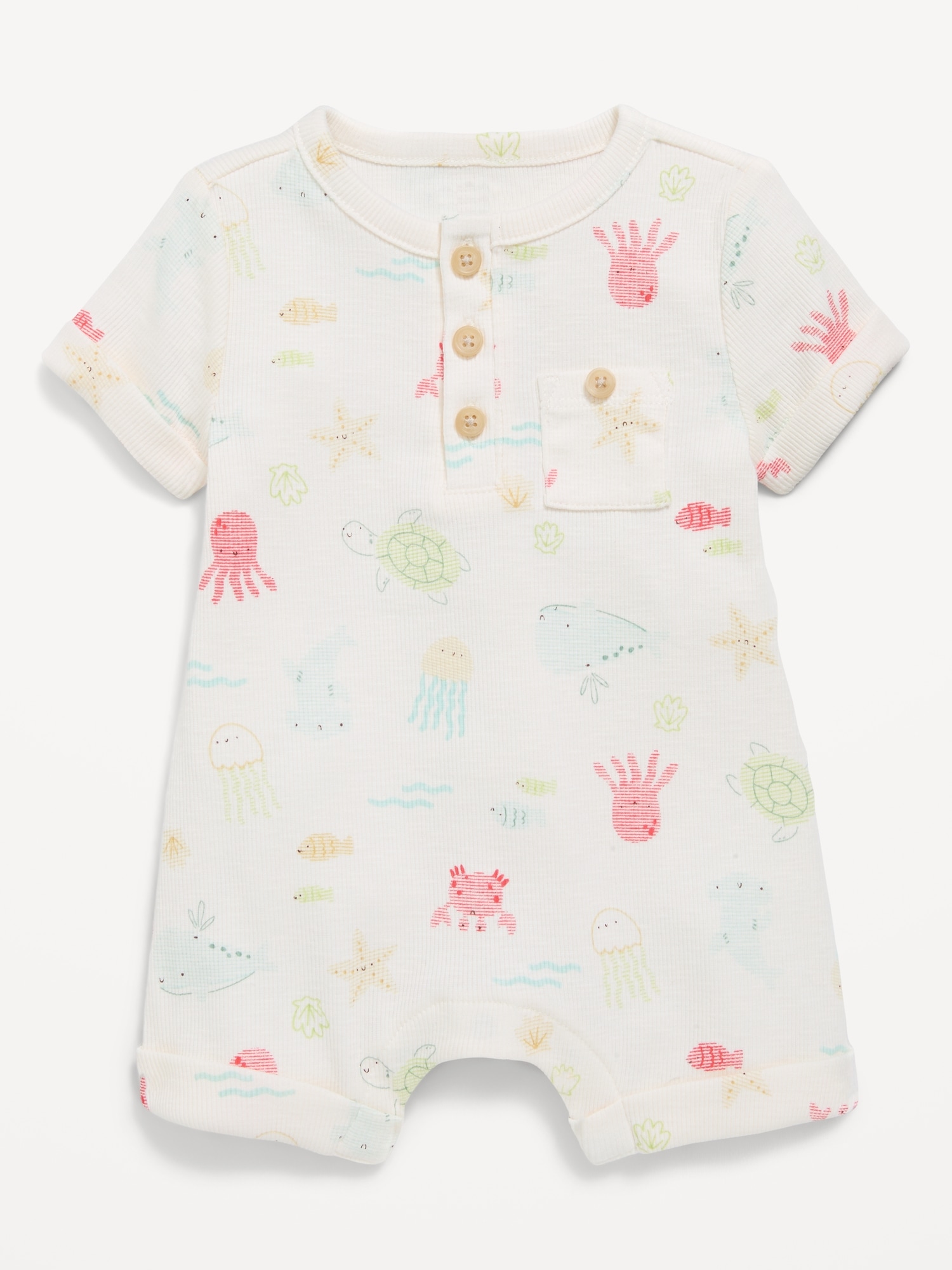 Printed Ribbed Henley Pocket One-Piece Romper for Baby