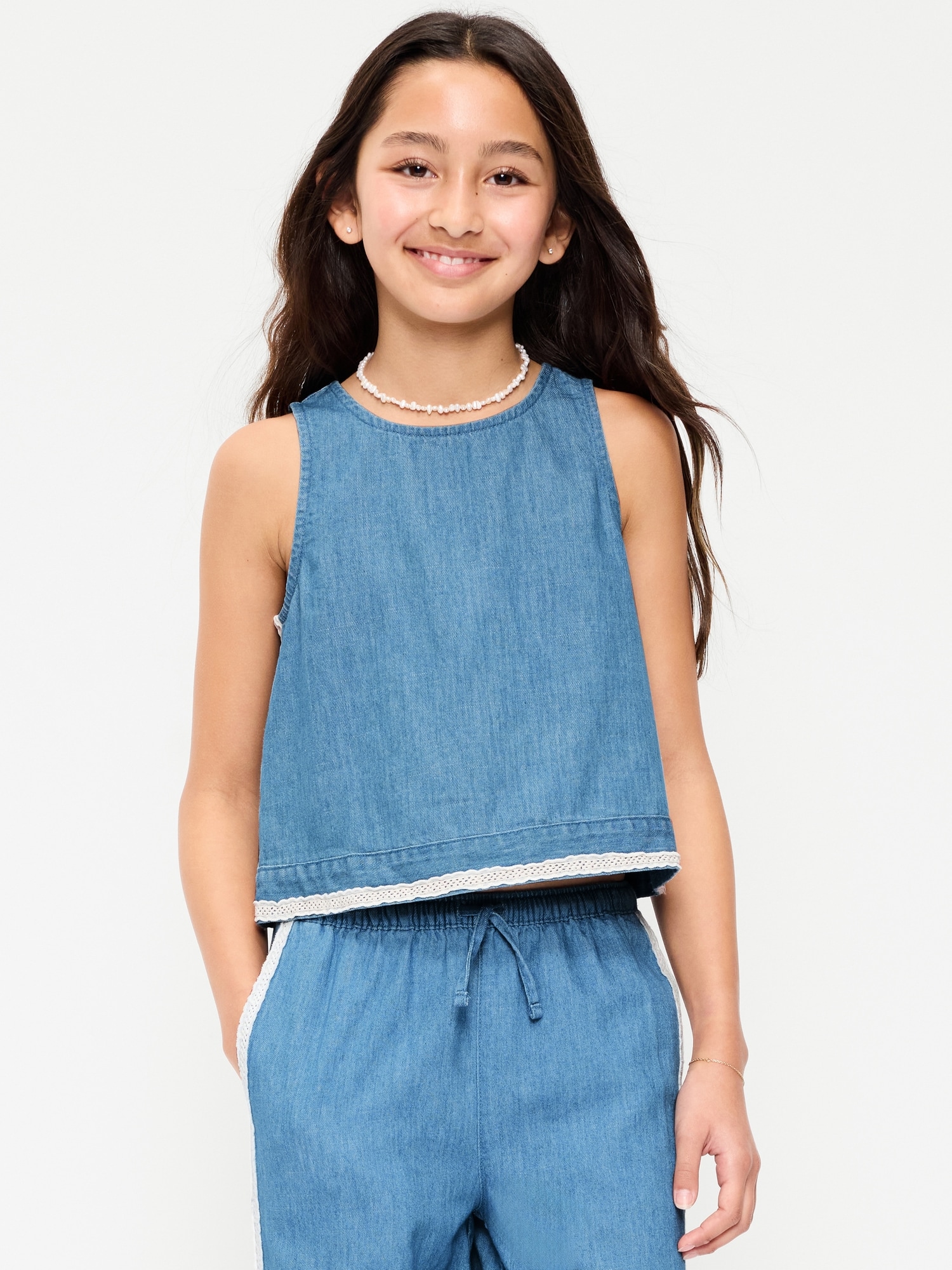 Sleeveless Lace-Trim Chambray Top for Girls