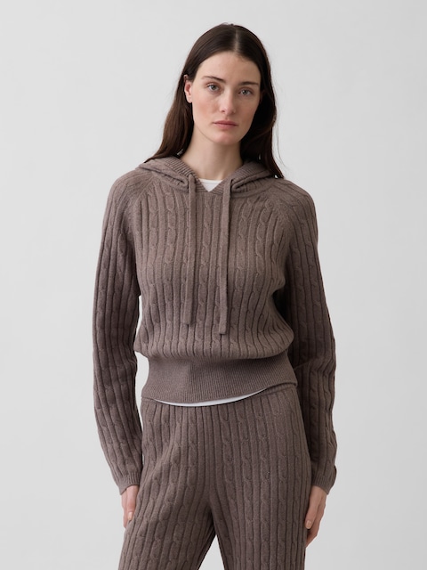 CashSoft Relaxed Cable-Knit Hoodie