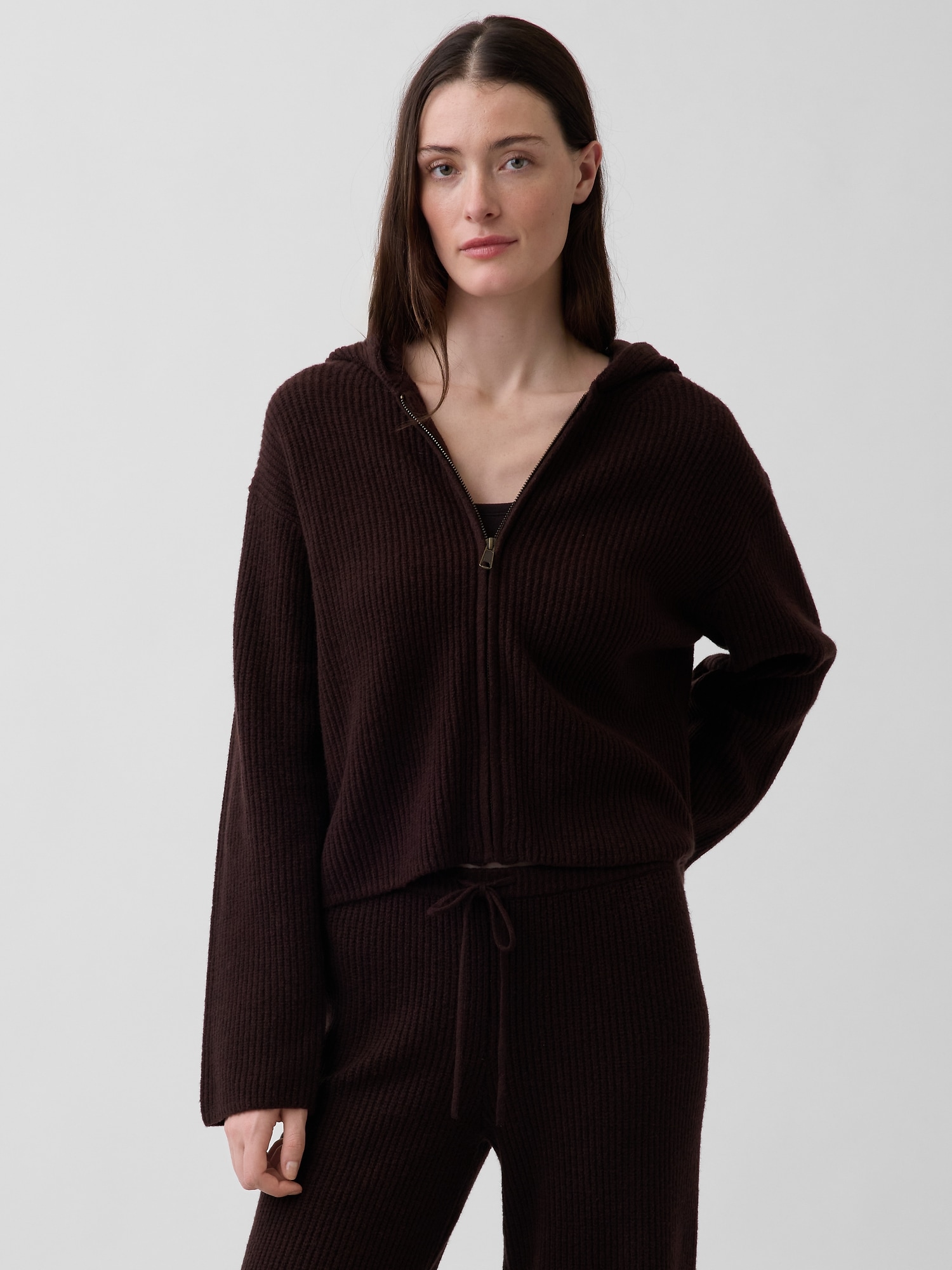 CashSoft Oversized Shaker-Stitch Zip Hoodie