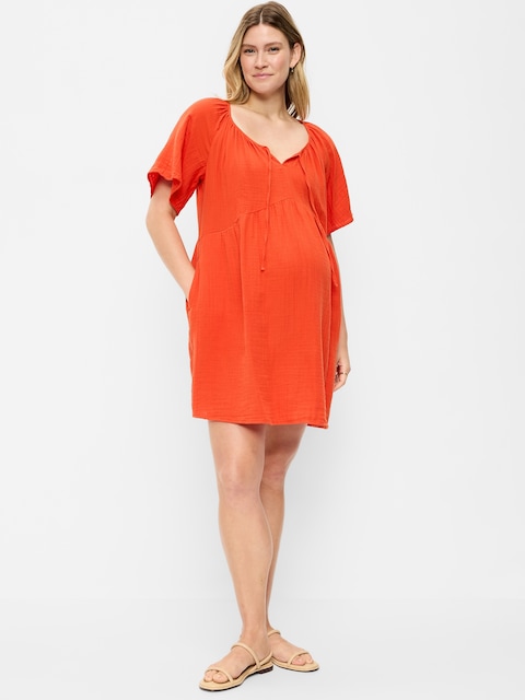 Maternity Crinkle Gauze Flutter-Sleeve Mini Swing Dress