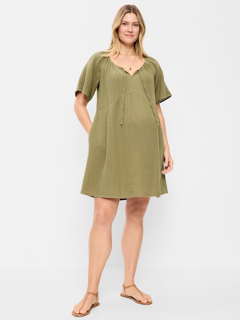 Maternity Crinkle Gauze Flutter-Sleeve Mini Swing Dress