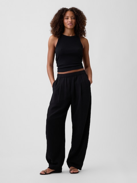 Mid Rise Pull-On Barrel Gauze Pants