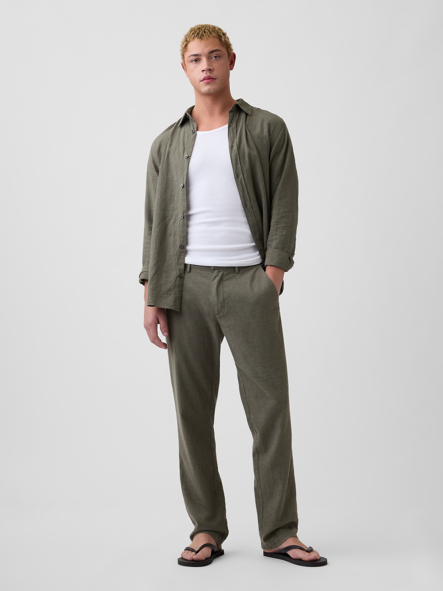 Straight Linen-Blend Pants