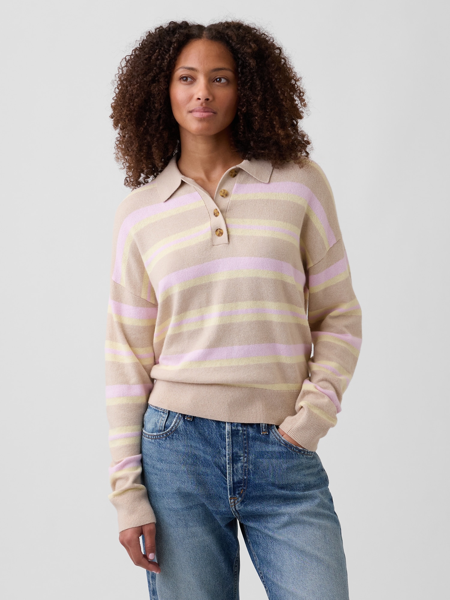 CashSoft Relaxed Sweater Polo Shirt - Pink Stripe