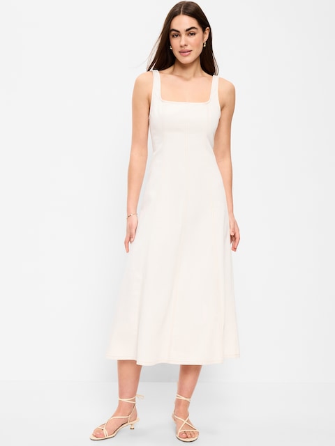 ROBE MI-LONGUE AJUSTÉE ET ÉVASÉE SANS MANCHES EN DENIM