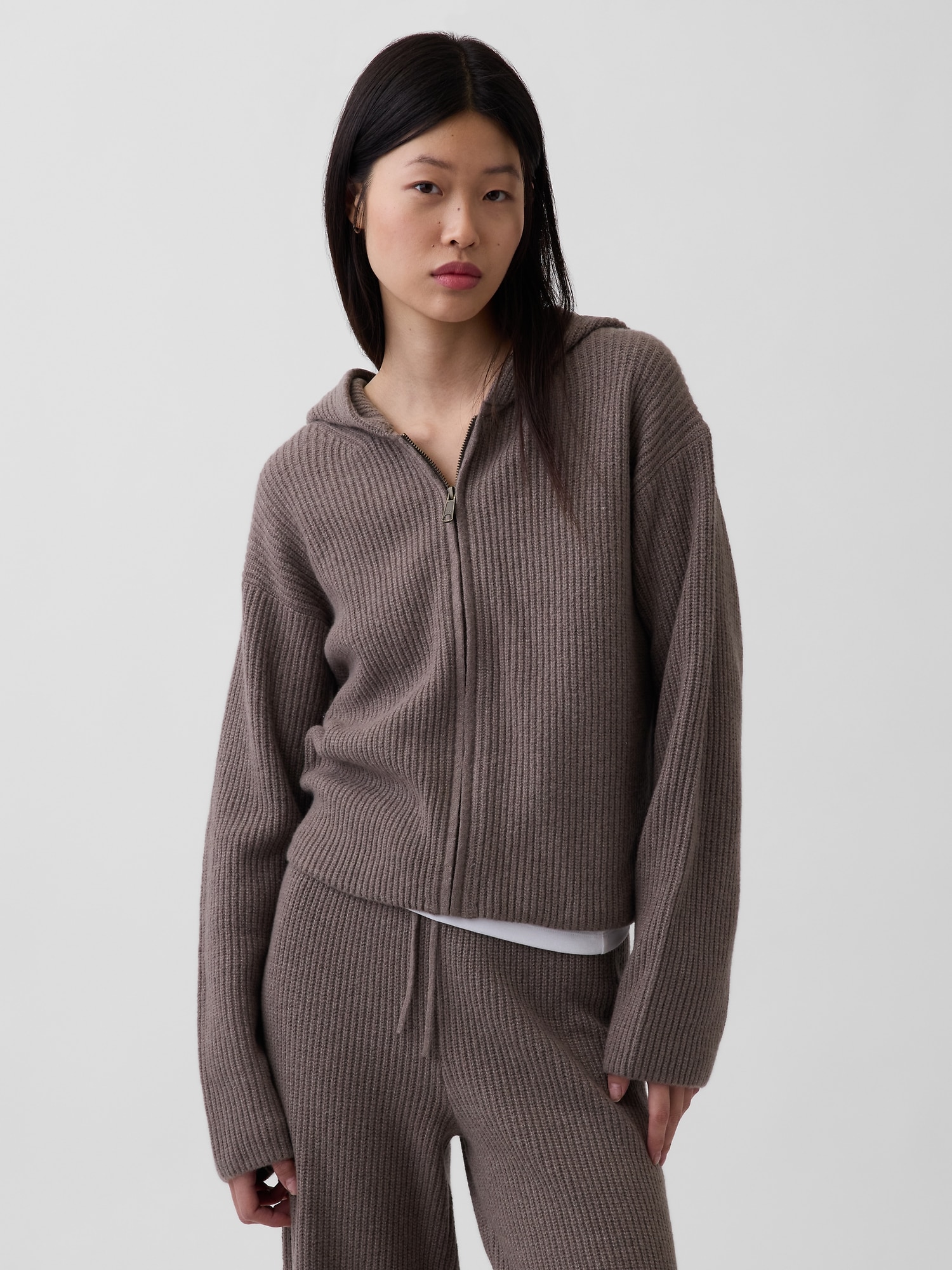 CashSoft Oversized Shaker-Stitch Zip Hoodie