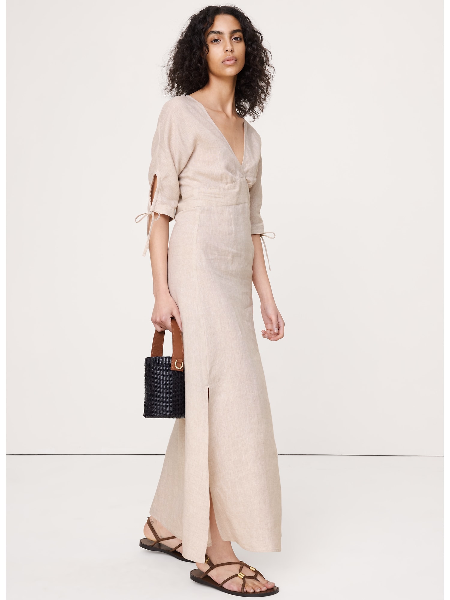 Linen Tie-Sleeve Midi Dress