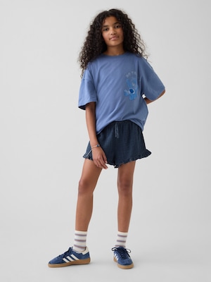 コットンガーゼ デニム イージーウエスト ラッフルフリル ショートパンツ (キッズ)