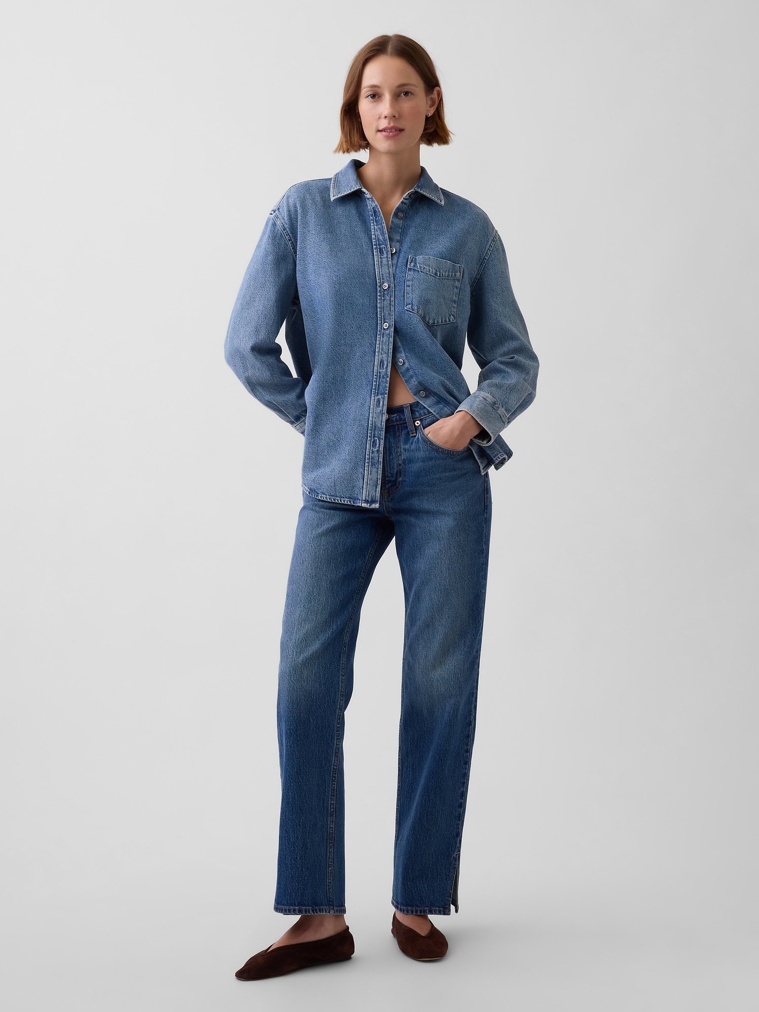 Mid Rise Split-Hem Straight Jeans
