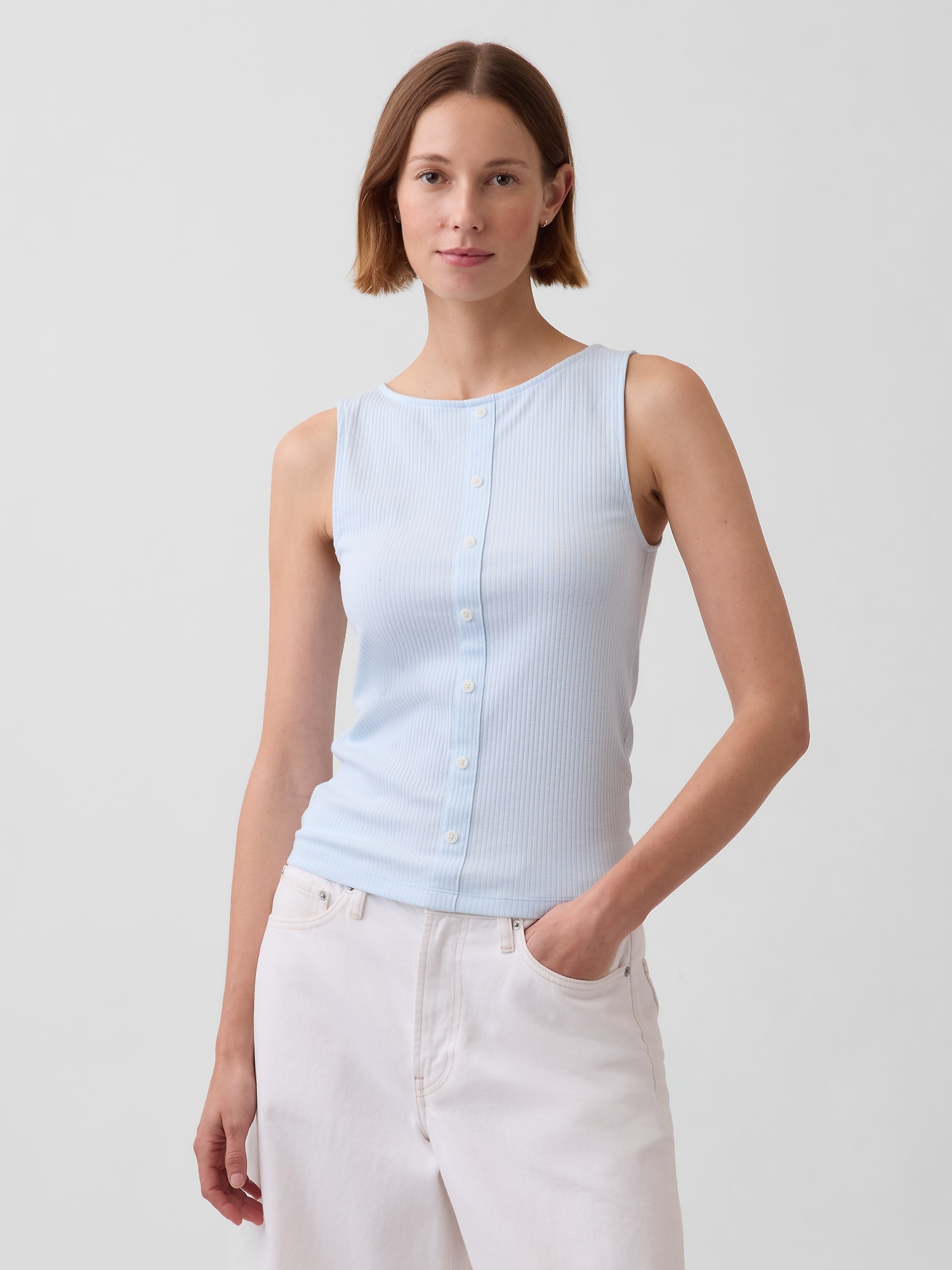 リブ ボタンアップ タンクトップ-0