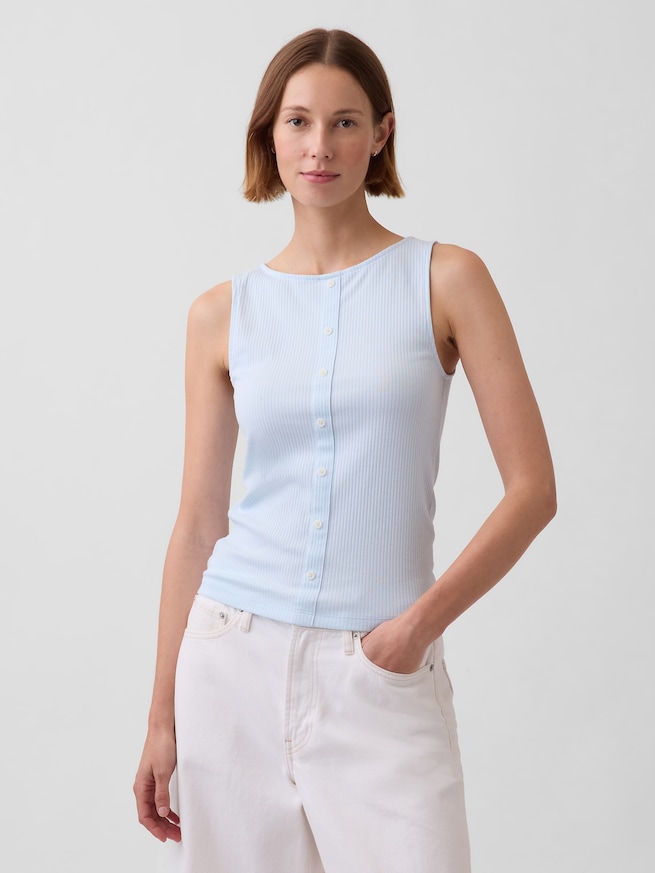 リブ ボタンアップ タンクトップ-0