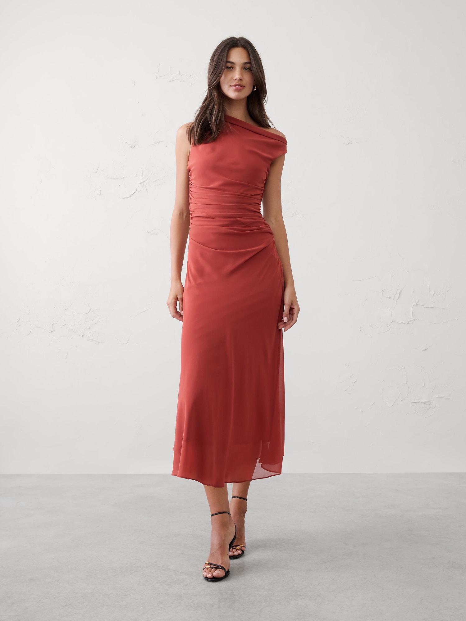 Asymmetrical Side-Ruched Midi Dress