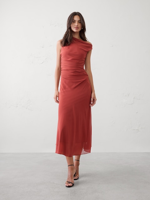 Asymmetrical Side-Ruched Midi Dress