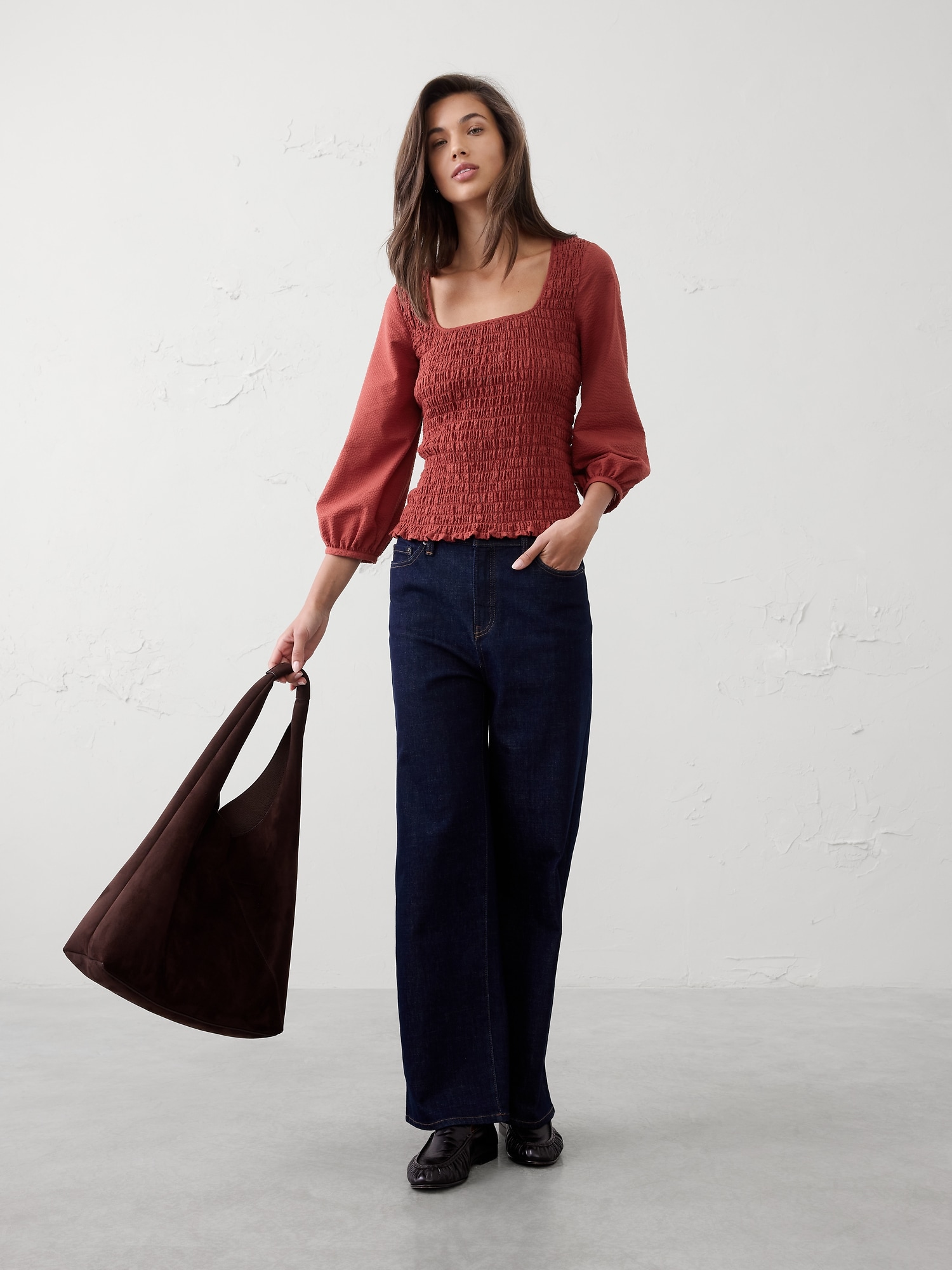 Seersucker Smocked-Bodice Top