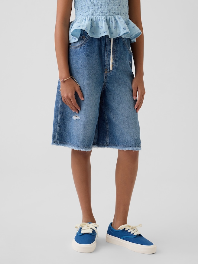 ローライズ ウルトラソフト イージーウエスト ロングライン デニムショートパンツ (キッズ)-2