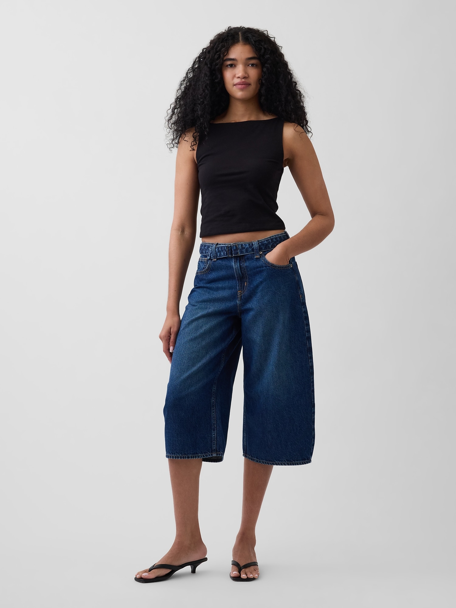 High Rise Belted Culotte Barrel Jeans
