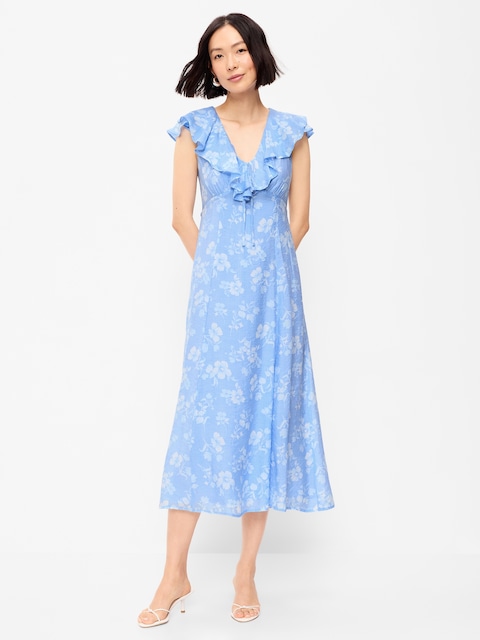 ROBE MI-LONGUE AJUSTÉE ET ÉVASÉE À MANCHES VOLANTES
