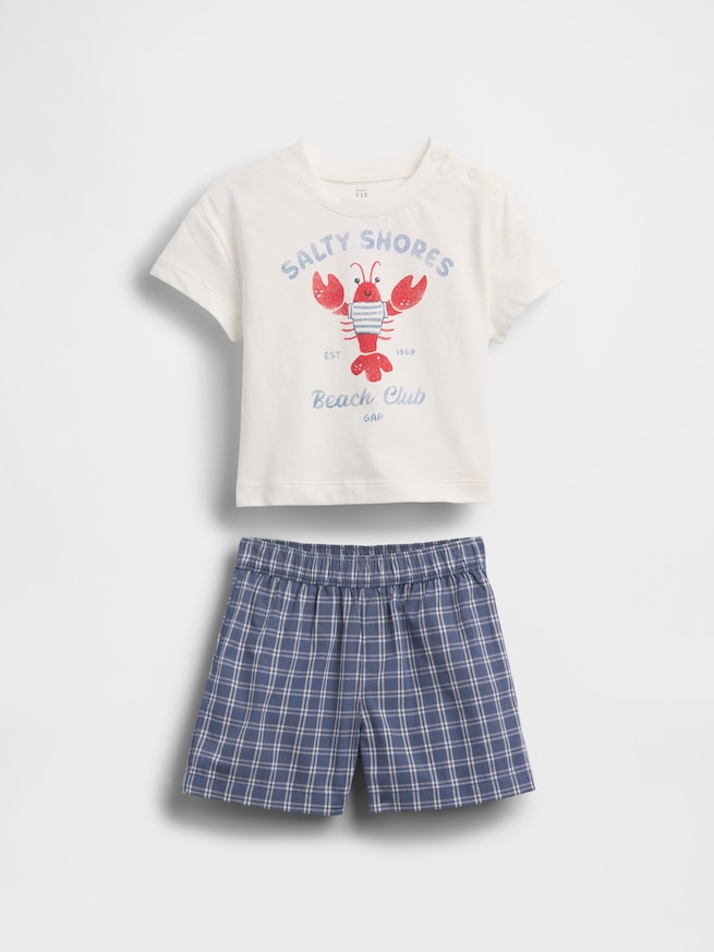 ロブスターグラフィックTシャツ＆プレイドショートパンツセット (ベビー)-0
